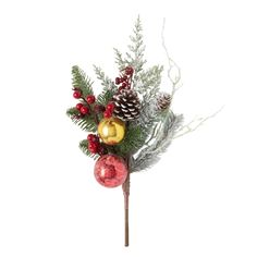 a christmas arrangement with pine cones, berries and balls on a stick in front of a white background