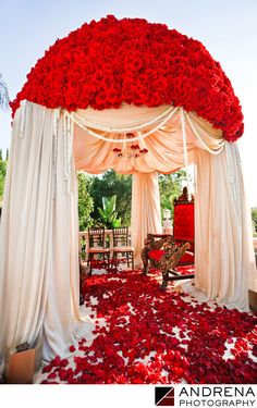 a red and white wedding setup with rose petals on the floor