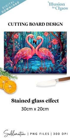 two flamingos are standing next to each other in front of an orange slice with the words cutting board design stained glass effect