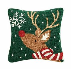 Peking Handicraft Reindeer with Snowflake Christmas Hooked Pillow, 10" Holiday Scenery, Hook Pillow, Reindeer Pillow, Throw Pillow Fabric, Hooked Pillow, Memory Foam Pillows, Hooked Wool, Wool Throw Pillows, Holiday Pillows