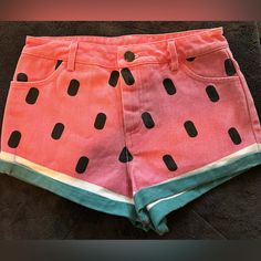 Size Xs Lazy Oaf Watermelon Shorts. Never Worn. Fun Green Summer Shorts, Fun Green Beach Shorts, Playful Bottoms For Summer Vacation, Playful Green Shorts For Vacation, Cute Cotton Jean Shorts, Playful Spring Jean Shorts, Playful Green Vacation Shorts, Playful Summer Vacation Bottoms, Playful Fitted Bottoms For Beach Season