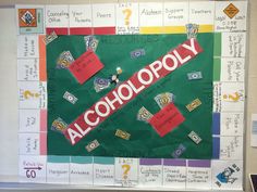 a bulletin board with the word alcohol written on it and lots of money cut out