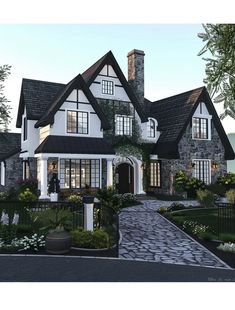 this is an artist's rendering of a house in the country style with black and white trim