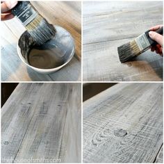 the process of painting wood with paintbrushes is shown in four different pictures, including one being used as a table top