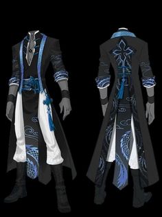 two different views of a male character in black and white clothing with blue accents on his coat