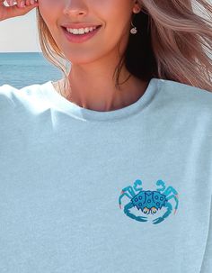 Maryland Blue Crab embroidery on the left chest. The colorful satin thread reflects the light, giving an attractive look. Beautifully dyed color Unisex garments. Comfort Colors Brand unisex style # 1717 available in Blue Chambray and Crunchberry. Heavy weight 6.1 ounce 100% Ring Spun Cotton Tee. Soft hand feel. Perfect Beach Cover Up or Tee shirt casual wear. Relaxed fit, double needle collar and bottom hems. See the unisex measuring chart in the set of pictures for sizing. A gift idea for a friend. Embroidery design is a modest size approximately 2.50" H x 3.75" W. Professional embroidery should last for a long time. Care instructions: Only oxygen/non-chlorine bleach allowed. Tumble dry at low temperature, max 60 c.  Do not iron with high temperature. Do not dry clean. Shipping includes t Maryland Blue Crab, Vacation Tops, Blue Crab, Lovers And Friends, Chambray, Unisex Fashion, Cotton Tee, Comfort Colors, Casual Wear