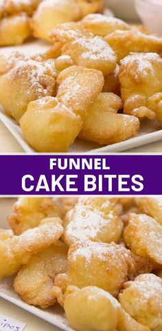 funnel cake bites on a plate with the words funnel cake bites above it and below