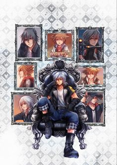 an anime character sitting on top of a chair in front of several frames with other characters