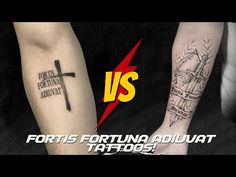 two arm tattoos with the words fortis fortune and an image of a cross