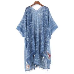 Embroidered V-neck Kimono For Spring, Casual Patterned Kimono For Beach Cover-up, Casual Printed Summer Cardigan, Summer Casual Printed Cardigan, Casual Open Front Printed Cardigan, Printed Beach Cardigan, Casual Long Printed Cover-up, Summer Open Front Printed Cardigan, Bohemian V-neck Cardigan With Floral Print