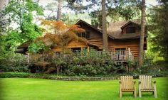 a wooden chair sitting on top of a lush green field next to a forest filled with trees