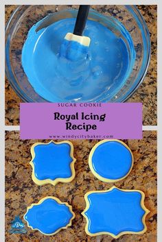 royal icing recipe for sugar cookies with blue icing in the middle and on top