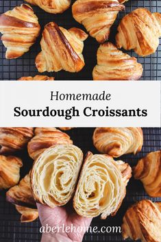 homemade sourdough croissants on a cooling rack with text overlay