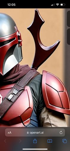 the star wars character is wearing a red helmet