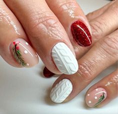 Christmas Nails Short Sweater, Xmas Sweater Nails, Sweater Nails Christmas, Oval Acrylic Nails, Xmas Nail, Almond Nail Art