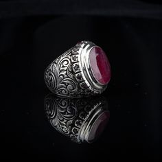 Ruby Silver Ring, Gift For Him Material: 925 Sterling Silver Stone Type: Ruby Stone Dimensions: 22 x 19 mm Average Weight: 27 gr. (depends on your ring size)  Shipping via DHL Express by The Grand Bazaar Istanbul. Delivery Takes 1-3 days to any worldwide location. Shipping is free of charge. FOR MORE HANDMADE JEWELRY VISIT: https://www.etsy.com/shop/GrandBazaarExclusive Luxury Silver Ruby Ring With Stone Setting, Engraved Sterling Silver Ruby Ring, Luxury Engraved Ruby Ring As Gift, Luxury Engraved Ruby Ring Gift, Luxury Handmade Silver Ruby Ring, Luxury Silver Ruby Ring, Engraved Round Ruby Ring Luxury Style, Engraved Silver Ruby Ring For Anniversary, Luxury Engraved Round Ruby Ring