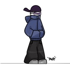 a drawing of a person wearing a blue jacket and black pants, standing in front of an insect