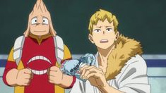 two anime characters one holding a bottle and the other looking at something in his hand