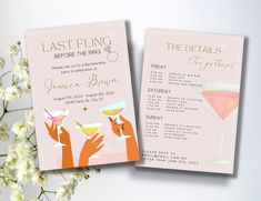 two wedding cards with cocktails on them next to some flowers and white flowers in the background