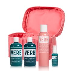 you'll be lookin' good with this online exclusive. ($120 value) what's included:• full-sized shampoo• full-sized conditioner• volume dry texture spray• ghost™ oil 2 fl oz or hydrate oil 2 fl oz• corduroy train case ($40 value) Verb Ghost Oil, Dry Texture Spray, Texture Spray, Blow Dry Brush, Hair Quiz, Dandruff Shampoo, Sea Spray, Flat Hair, Curl Cream