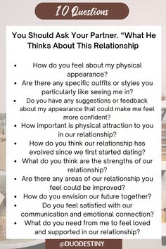 a poster with the words 10 questions you should ask your partner what he thinks about this relationship