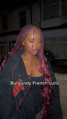 Burgundy french curl braids Girls hairstyles braids, Cute box braids 30 Inch French Curl Braids, Burgundy And Red Braids, French Curl Senegalese Twists, Burgundy Protective Styles, Maroon French Curls Braids, Wine French Curls Braids, Burgandy Braids On Dark Skin, Dark Red French Curl Braids, Plum Braids