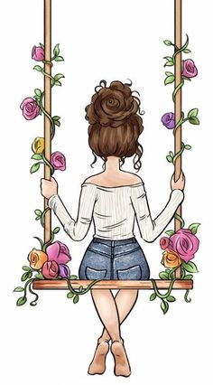 a woman sitting on a swing with roses in her hair and holding onto the frame