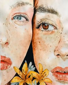 two women with freckles on their faces and flowers in front of them