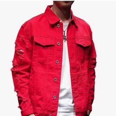 Excellent Quality Red Winter Denim Jacket, Casual Red Denim Outerwear, Casual Red Outerwear, Red Denim Jacket For Winter, Casual Red Long Sleeve Denim Jacket, Red Cotton Denim Jacket For Streetwear, Casual Red Denim Jacket For Streetwear, Red Denim Jacket With Pockets, Red Long Sleeve Denim Jacket For Streetwear