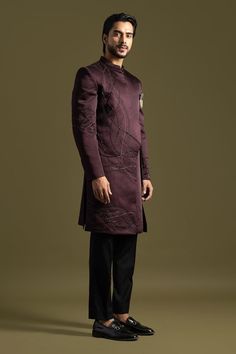 Plum purple full sleeves achkan with mystic cut dana swerve thread and maal embroidery on one side. Paired with a black trouser. - Aza Fashions Long Sleeve Kurta With Intricate Embroidery For Fall, Fall Long Sleeve Kurta With Intricate Embroidery, Fall Bandhgala With Intricate Embroidery, Fitted Bandhgala With Chikankari Embroidery For Fall, Elegant Kurta With Zari Work For Fall, Fitted Traditional Wear With Resham Embroidery For Fall, Fall Traditional Wear With Resham Embroidery, Designer Wear Long Sleeve Bandhgala For Fall, Fall Bandhgala With Long Sleeves