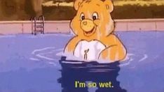 a teddy bear in the water with an i'm so wet sign on it