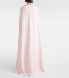 Mattia caped embellished crêpe gown in pink - Safiyaa | Mytheresa Pre-draped Cape Evening Dress, Pink Cape Sleeve Gala Dress, Pink Cape Sleeve Dress For Gala, Pink Gala Dress With Cape Sleeves, Glamorous Dresses With Cape Sleeves, Cape Evening Dress With Sweep Train, Cocktail Dress With Embellished Cape Sleeves, Cocktail Evening Dress With Cape Sleeves, Embellished Cocktail Dresses With Cape Sleeves