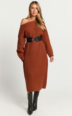 Amalie The Label - Beata Knitted Long Sleeve Midi Dress in Rust | Showpo USA Dressy Style, Basic Black Dress, Neon Outfits, Spring Maxi Dress, Bachelorette Dress, Knitted Long Sleeve, Navy Bridesmaid Dresses, Dress Knit, Long Sleeve Knit Dress