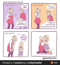 the comic strip shows two women talking to each other and one man holding a baby