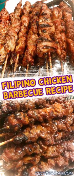 there are several skewers of chicken on the grill with text overlaying it