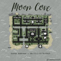 a map with the words moon cove in black and white, on a gray background