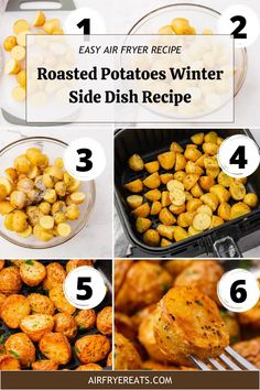 the steps to roast roasted potatoes in a pan with text overlay that reads easy air fryer recipe