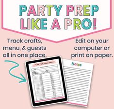 a pink poster with the words party prep like a pro and an image of a tablet