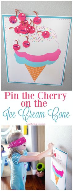 an ice cream cone with cherry toppings on it and the words pin the cherry on the ice cream cone