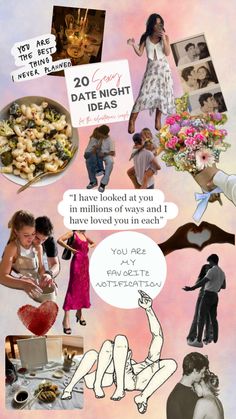 a collage of pictures with people and flowers on them, including an advertisement for date night