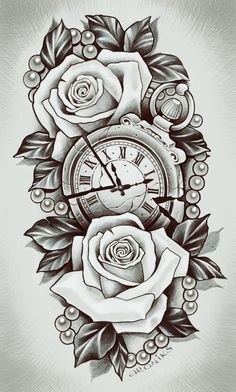 a tattoo design with roses and an alarm clock