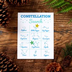 a table topped with pine cones next to a card that says constillation search