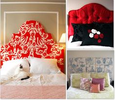 four different types of headboards and pillows on a bed, one with a cat