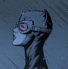 a drawing of a woman wearing a batman mask and goggles in the rain with water droplets on her face