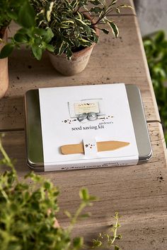 an open book sitting on top of a wooden table next to a potted plant