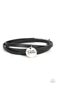 A hammered silver disc stamped in the word, "Faith" is threaded on a lengthened black leather cord that triple wraps around the wrist, creating a message of hope. Features an adjustable clasp closure.

 Sold as one individual bracelet. Paparazzi Bracelets, Trendy Fringe, Faith Bracelet, Brown Bracelet, Inspirational Bracelets, Message Of Hope, Black Wrap, Black Bracelets, Paparazzi Accessories