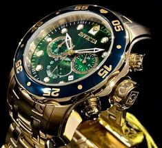 Invicta Mens Pro Diver Scuba Chronograph Green Dial 18Kt Gold Plated Watch 0075 843836000758 | eBay Gold Chronograph Watch With Chronometer, Formal Green Chronograph Analog Watch, Formal Green Chronograph Watch, Formal Green Analog Chronograph Watch, Gold Diamond Watch With Tachymeter, Gold Chronograph Watch, Gold Plated Watch, 18k Gold Bracelet, Invicta Watches