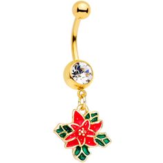 14 Gauge (1.6mm), 3/8" (10mm), Gold Tone PVD over 316L Surgical Grade Stainless Steel Curved Barbell Clear Gem Gold Tone Poinsettia Christmas Dangle Belly Ring If you love to decorate for the holidays then you will love decorating your navel piercing with this pretty 14 gauge holiday belly button ring! Made with a 3/8" gold tone PVD over 316L surgical grade stainless steel curved barbell, this navel jewelry features a red and green poinsettia plant Christmas charm and a clear gem bottom ball end Cheap Red Belly Rings As Gifts, Christmas Belly Button Rings, Green Navel Piercing, Unique Belly Rings Bodycandy Body Jewelry, Ladybug Belly Button Ring, Poinsettia Plant, Belly Piercing Jewelry, Jewelry Promotion, Navel Jewelry