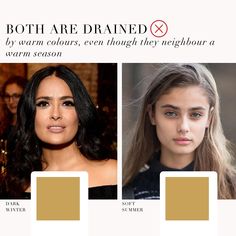 Dark Winter VS Soft Summer comparison. When seasons share the same temperature they can share some similarities. However, what are the differences? . #coloranalysis #colouranalysis #softsummer #darkwinter #coloranalyst #salmahayek Color Theory, Warm Colors