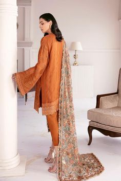 3 Piece Embroidered Unstitched Suits from Baroque Chantelle Embroidered Chiffon Vol-6 Embroidered Chiffon FrontEmbroidered Chiffon Side PanelPlain Chiffon BackEmbroidered Chiffon SleevesEmbroidered Chiffon Sleeves PatchesEmbroidered Chiffon Front and Back PatchEmbroidered Silk Dupatta PatchEmbroidered Net DupattaDyed Silk Trousers Orange Chiffon, Salwar Dress, Pakistani Wedding Outfits, Dress Salwar Kameez, Chiffon Collection, Red Chiffon, Embroidered Chiffon, Pure Chiffon, Pakistani Wedding Dresses